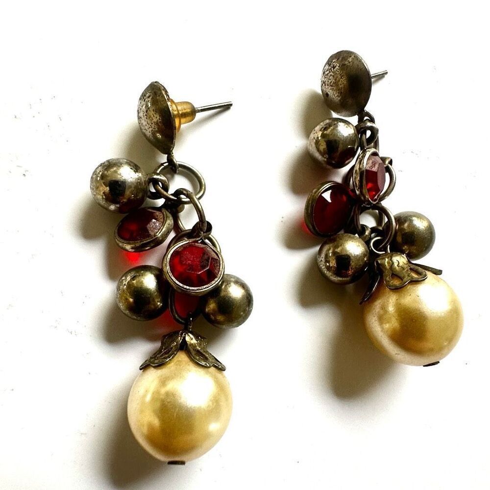 Silver tone red faux pearl vintage cluster earrings